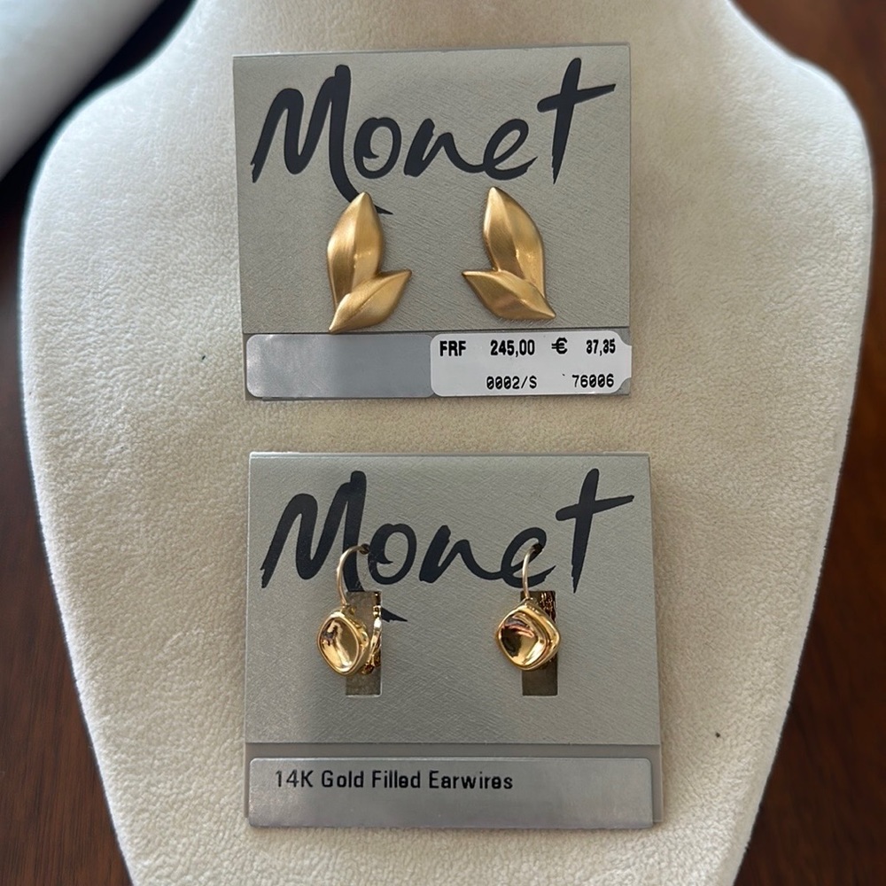 Monet Pierced Earrings Gold Tone New Old Stock Original Cards Mothers Day Gift